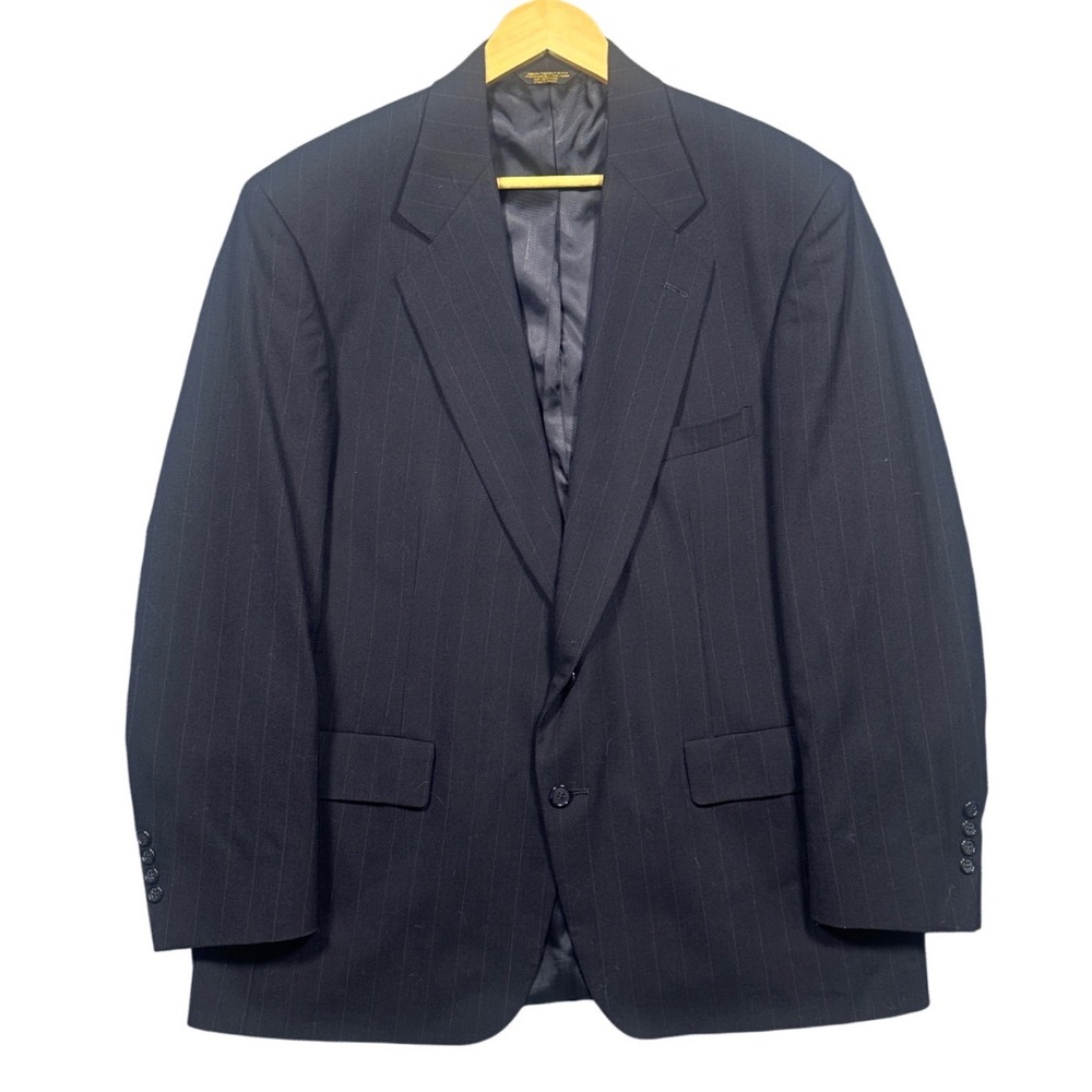 Tom James Men's 44R Investment Collection Navy Blue Pinstripe 100% Wool Blazer‎